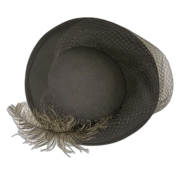 Vintage Michael Howard Hat Felt Wide Brim Feather Veil Womens Gray Wool 80s main image 5